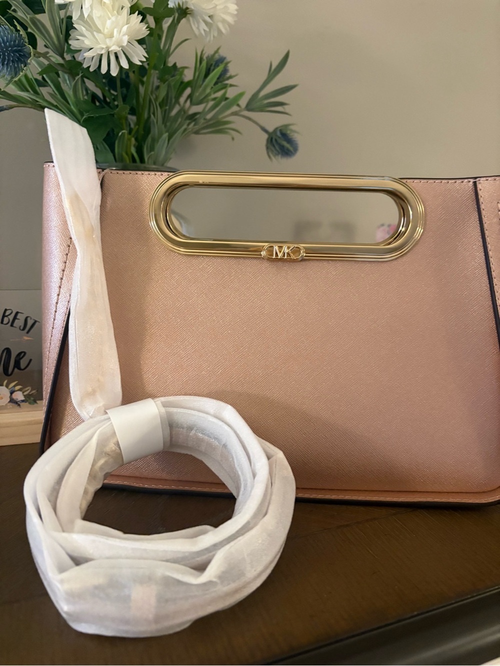 Michael Kors Rose Gold Saffiano Shoulder Bag with Gold Hardware